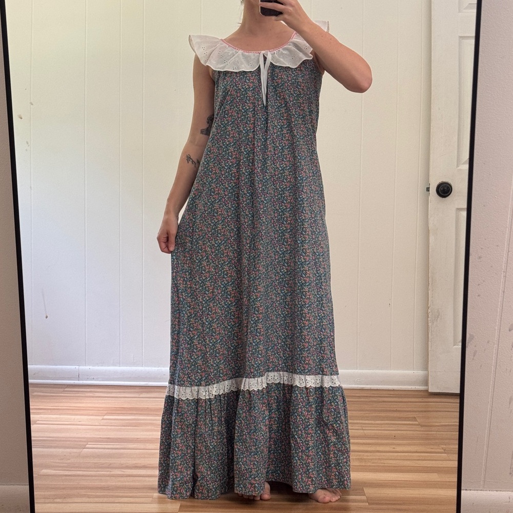 Vintage Floral Maxi Dress Milkmaid Cottage with Ruffle Neckline